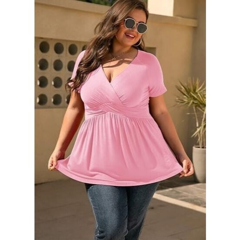 TIANZHU Women Top Plus Size 4XLDressy Faux Wrap Shirt Short Slv Dusty Pink A10
